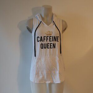 NWT Womens Just Live "Caffeine Queen" White, Black Hooded Tank Top M